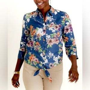 Chico’s Floral No-Iron Cotton Button Front Tie Front Size 4 EUC